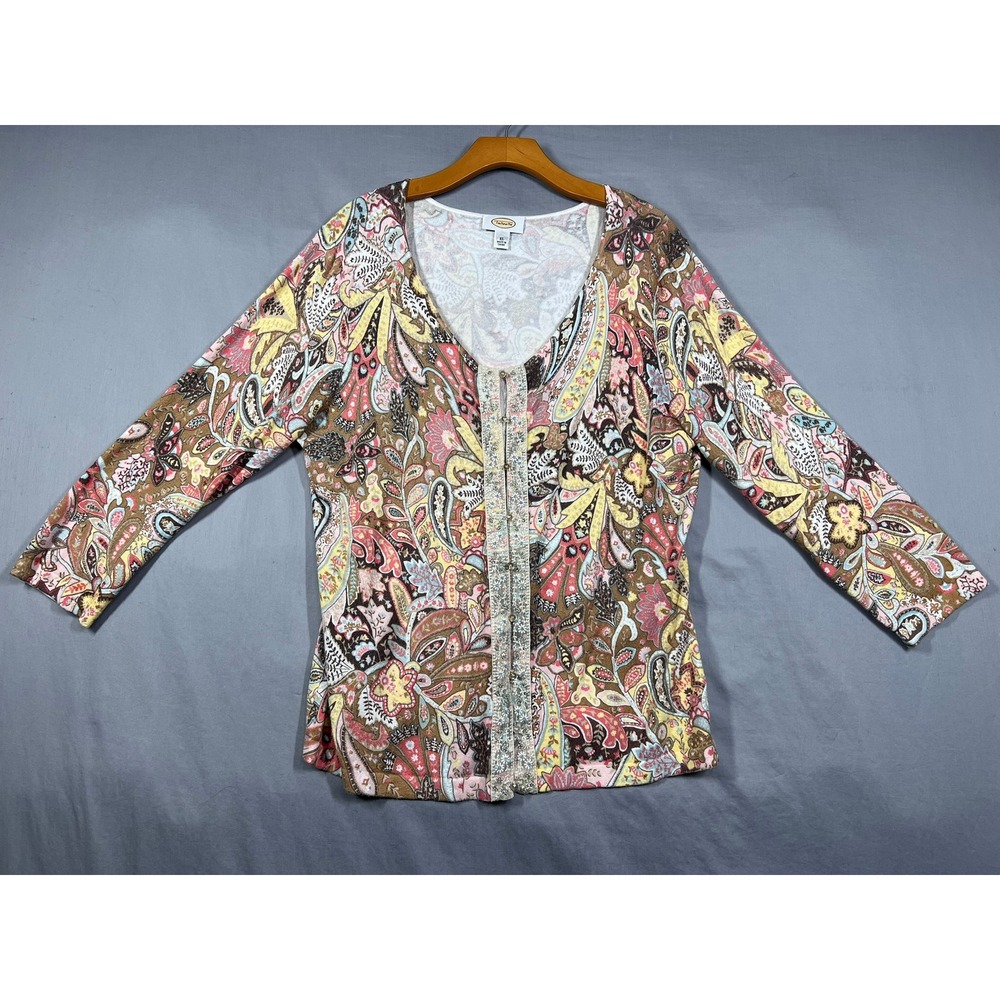Talbots Vintage Beaded Paisley Cardigan Sweater Cottagecore 3/4 Sleeve Size XL